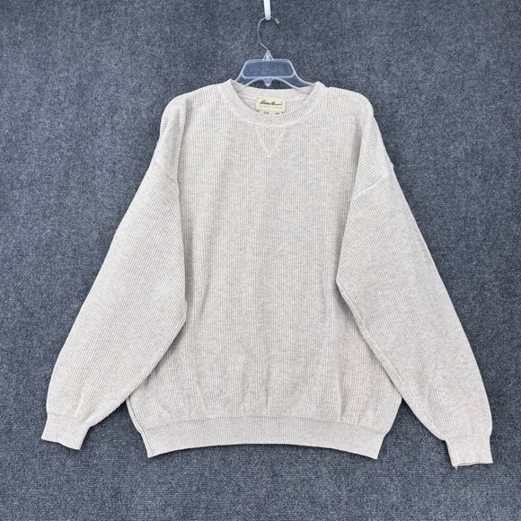 VINTAGE Eddie Bauer Beige Crew Neck Ribbed Knit Sweater Men’s Large Made In USA - Picture 1 of 10